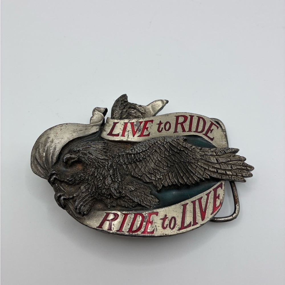 Live to Ride Ride to Live Eagle Belt Buckle - Red, Blue  and Silver